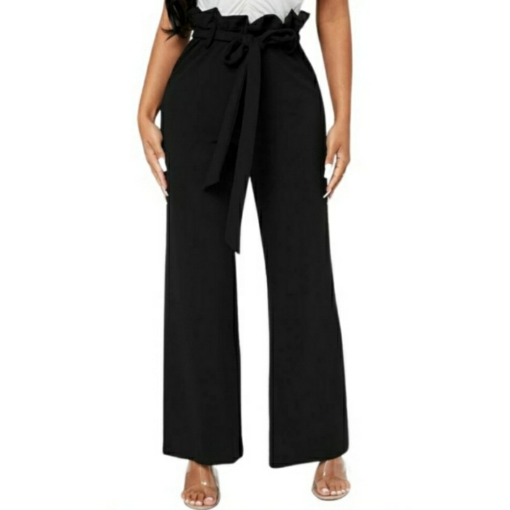 XTAREN Paperbag High Waist Straight Leg Belted Black Pants Small NWT